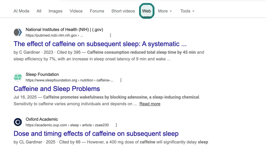 Google results reached from a Chrome address-bar search with the Web tab selected and direct web links