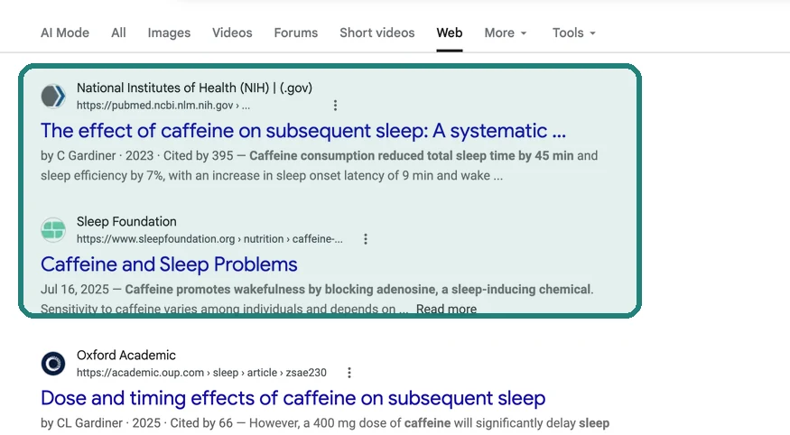 Google Web results after the setup, with direct web links and no AI Overview at the top