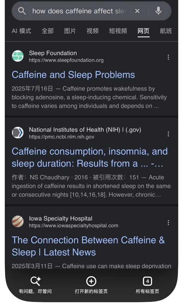 Chrome on iPhone showing Google Web results with the Web tab selected and no AI Overview at the top