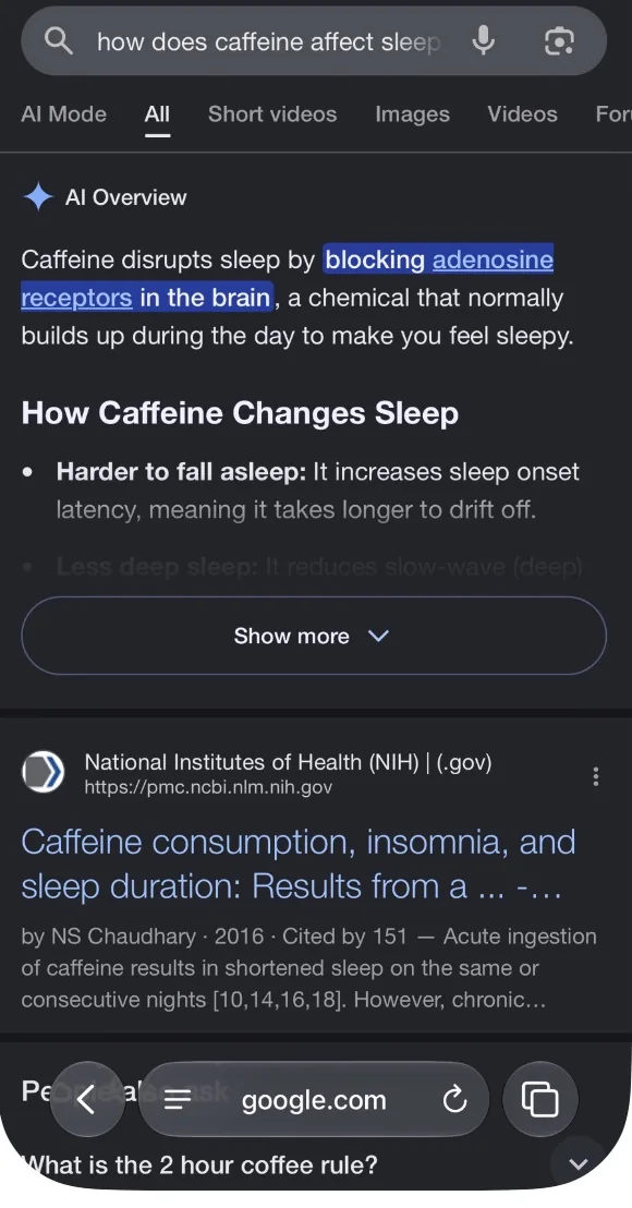 Safari Google results in English with All selected and an AI Overview at the top
