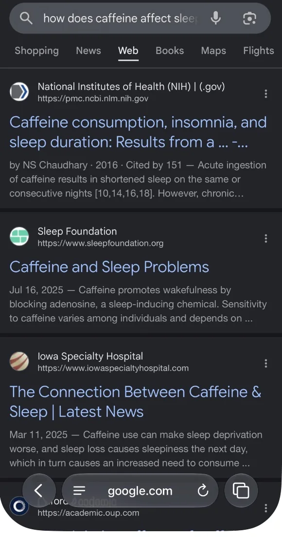 Safari Google results in English after selecting Web, showing ordinary web links and no AI Overview at the top