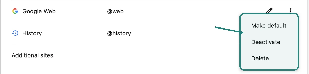 Google Web row and its menu, with Make default highlighted
