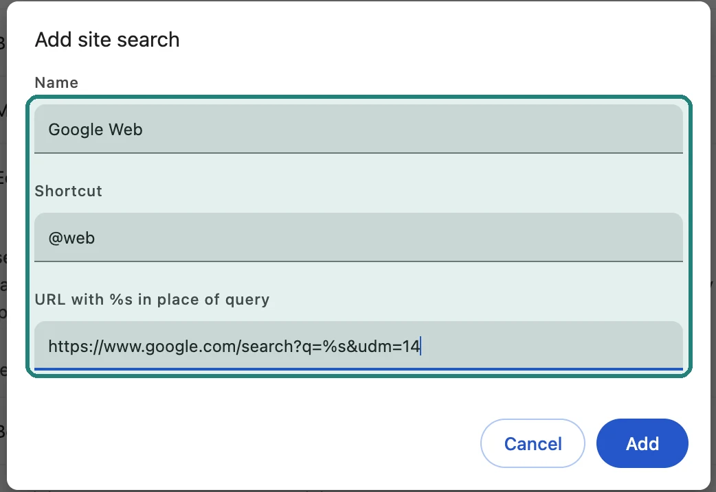 Chrome Add site search dialog with all three required fields highlighted and filled in